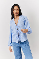Blue Gingham Seersucker Tie Front Blouse