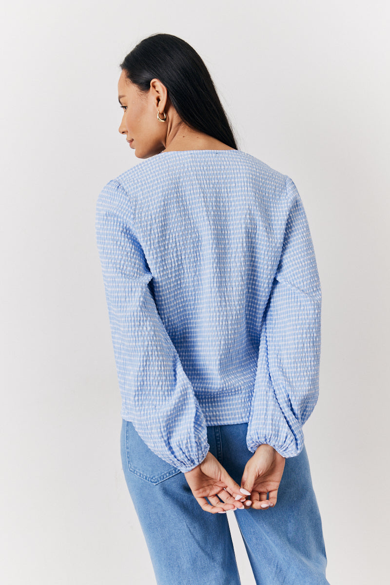 Blue Gingham Seersucker Tie Front Blouse