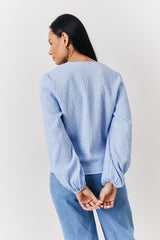 Blue Gingham Seersucker Tie Front Blouse