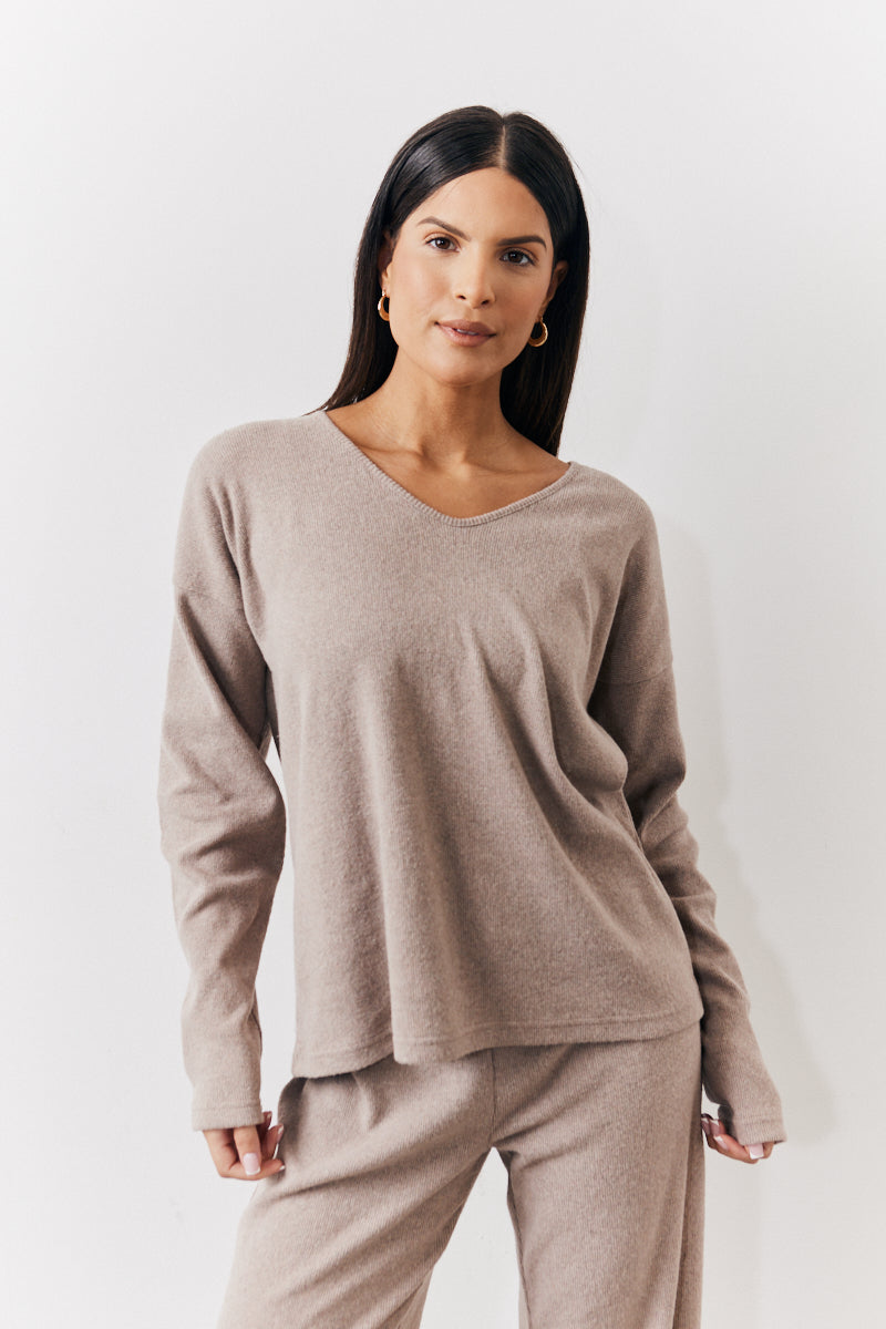 Brushed Rib v Neck Co Ord Top