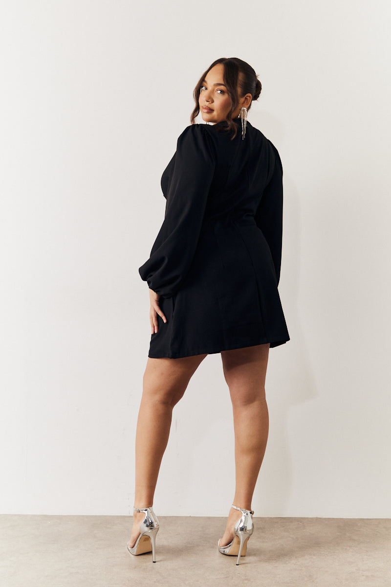 Black Embellished Trim Cut Out Balloon Sleeve Mini Dress