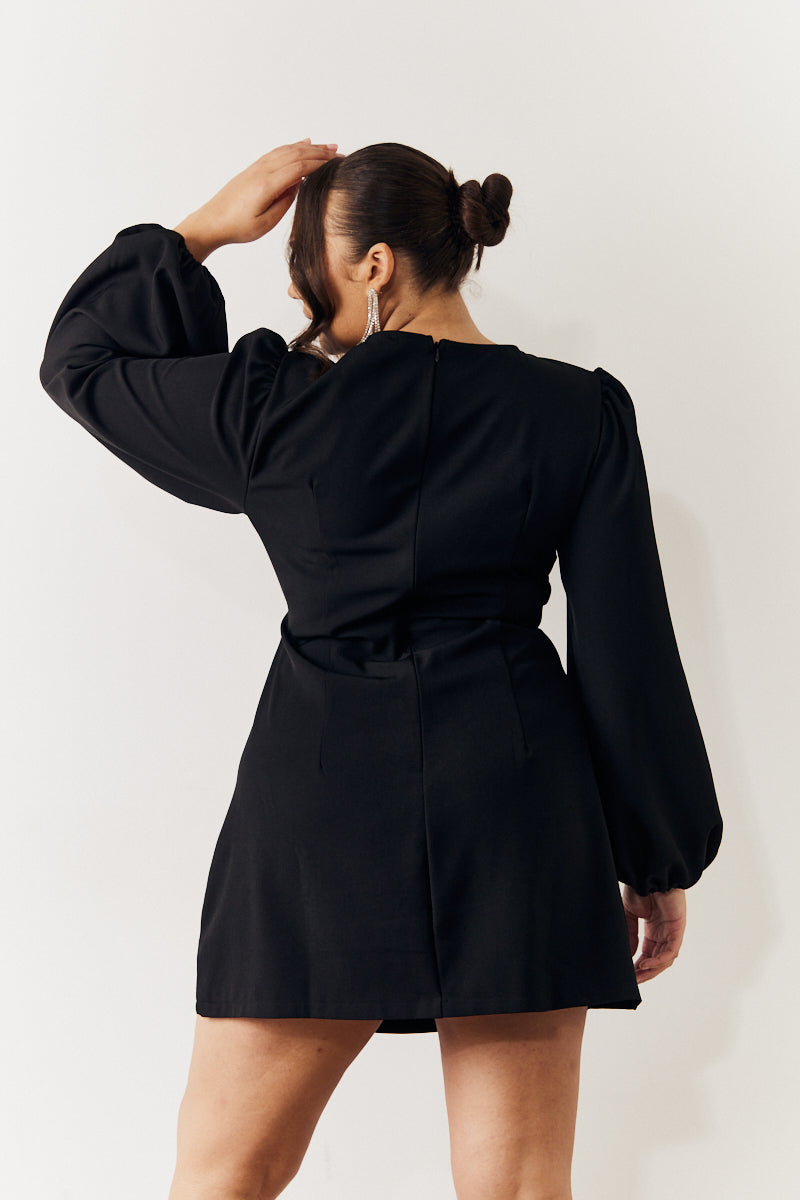 Black Embellished Trim Cut Out Balloon Sleeve Mini Dress