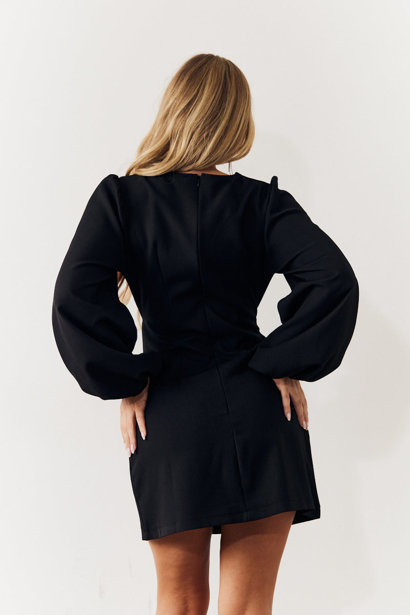 Black Embellished Trim Cut Out Balloon Sleeve Mini Dress