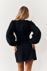 Black Embellished Trim Cut Out Balloon Sleeve Mini Dress