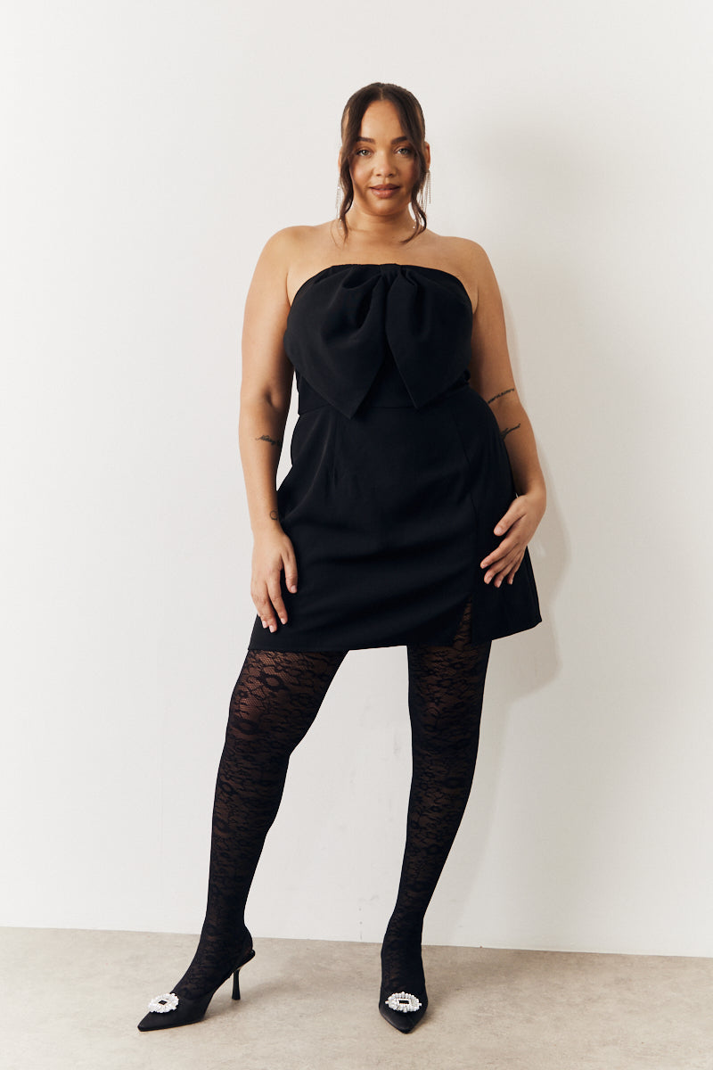 Black Bandeau Bow Front Split Hem Mini Dress