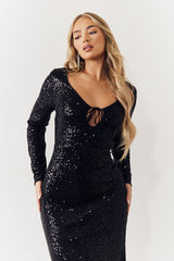 Black Sequin Long Sleeve Maxi Dress