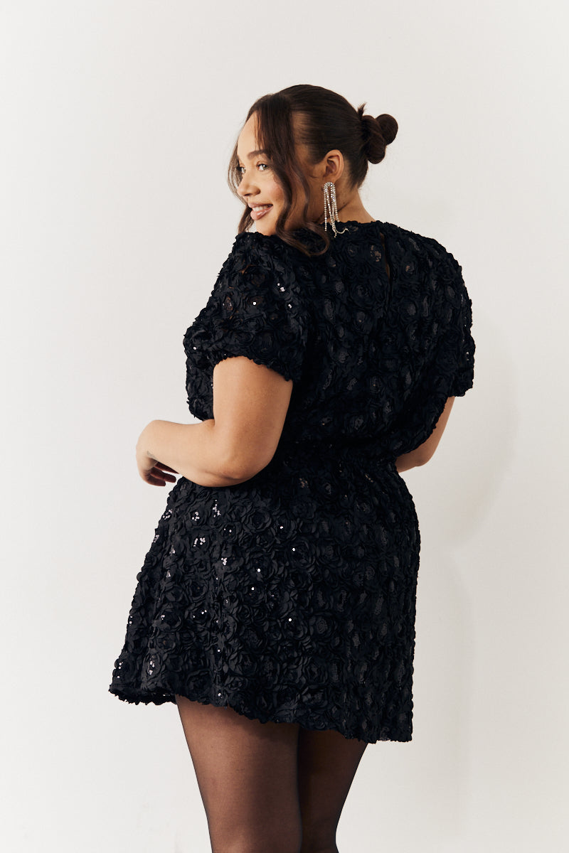 Black Sequin Floral Applique Fit and Flare Mini Dress