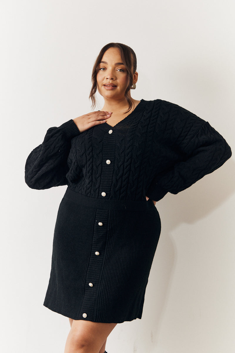 Black Cable Knitted Diamante Button Mini Dress