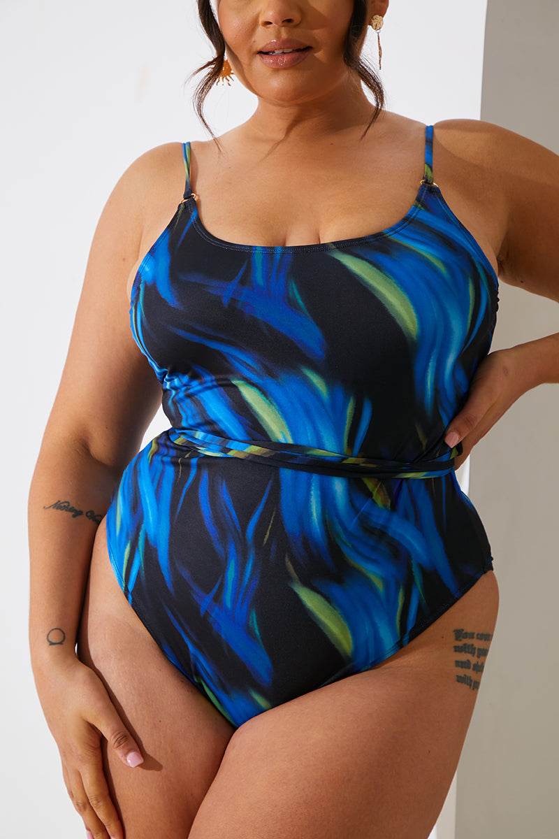 Abstract Print Scoop Neck Gold Trim Belted Swimsuit