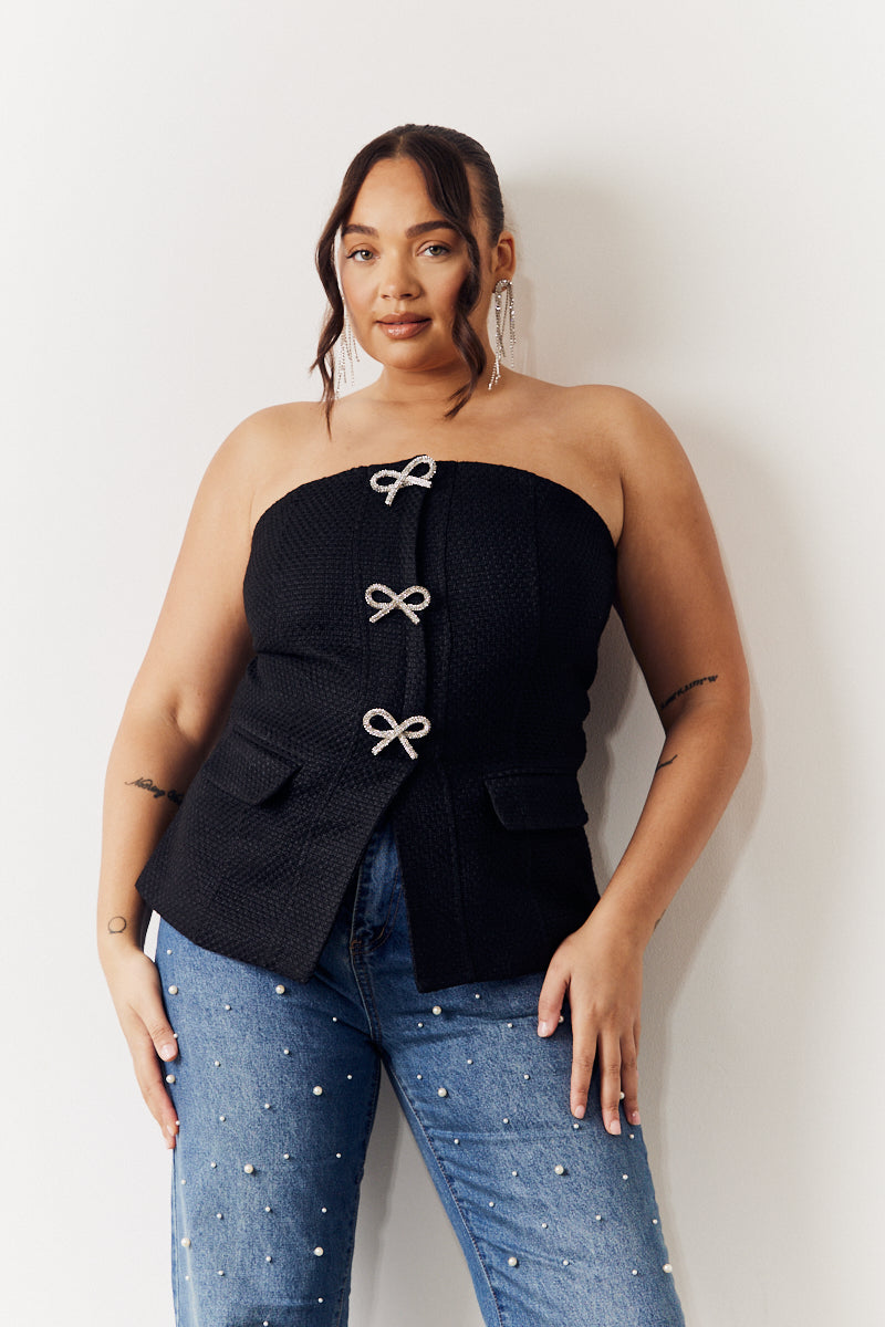 Black Boucle Bow Detail Bandeau Top