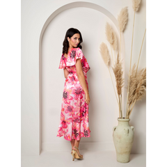 Chi Chi London Flutter Sleeve Satin Wrap Dress in Pink