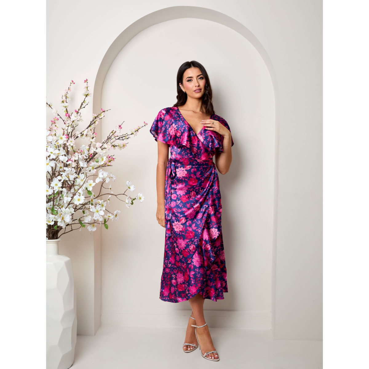 Chi Chi London V Neck Floral Wrap Midi Dress in Multi