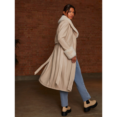 Chi Chi London Faux Leather Longline Coat with Faux Fur Trim in Taupe