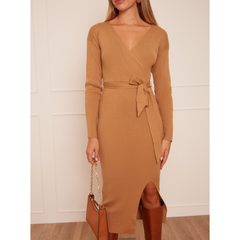 Chi Chi London Wrap Split Side Knitted Midi Dress in Camel