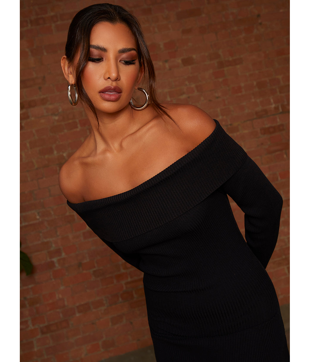 Chi Chi London Bardot Split Detail Midi Jumper Dress in Black
