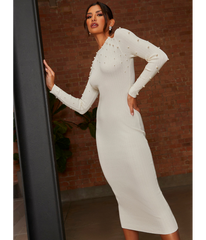 Chi Chi London Cold Shoulder Pearl Detail Rib Midi Dress in Cream