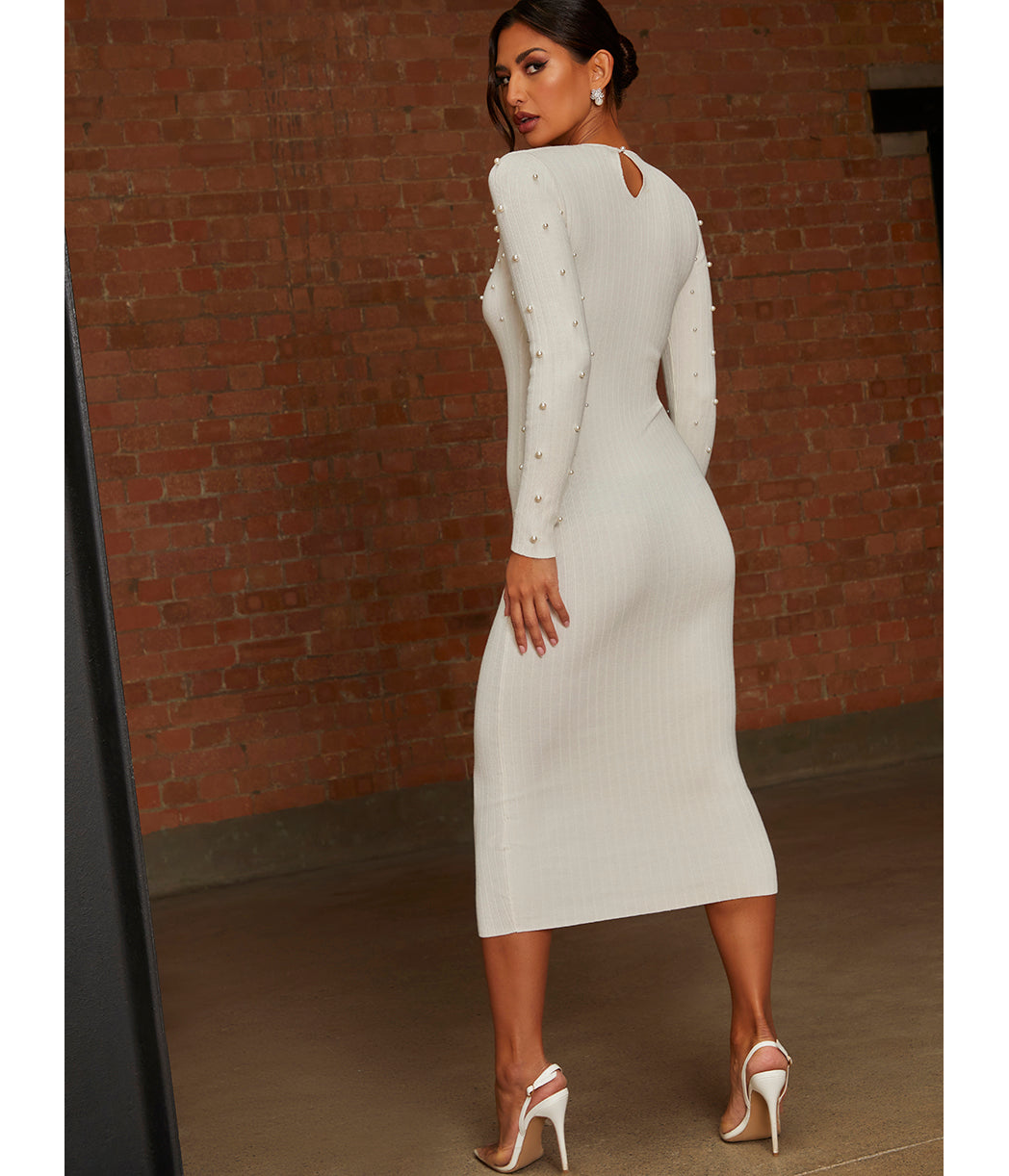Chi Chi London Cold Shoulder Pearl Detail Rib Midi Dress in Cream