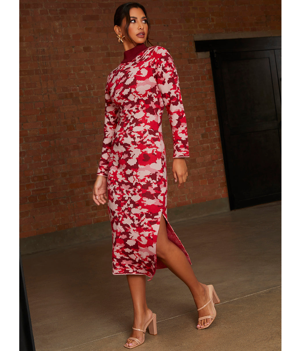 Chi Chi London Abstract Floral Knitted Midi Dress in Pink