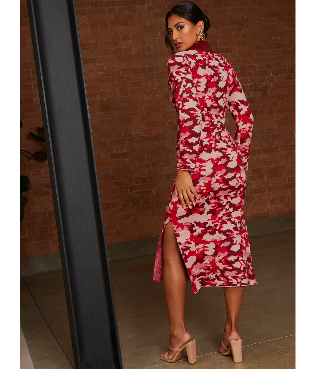 Chi Chi London Abstract Floral Knitted Midi Dress in Pink