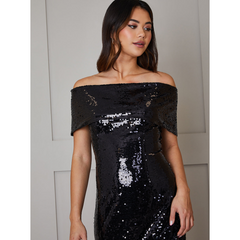 Bardot Sequin Bodycon Midi Dress in Black