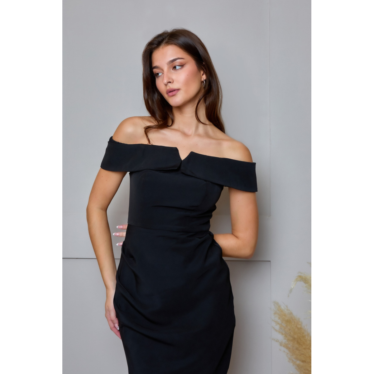 Bardot Split Detail Bodycon Midi Dress in Black