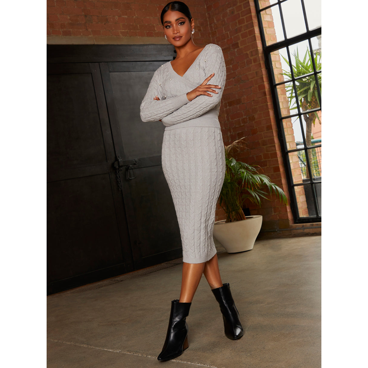Cable Knit Midi Skirt in Grey