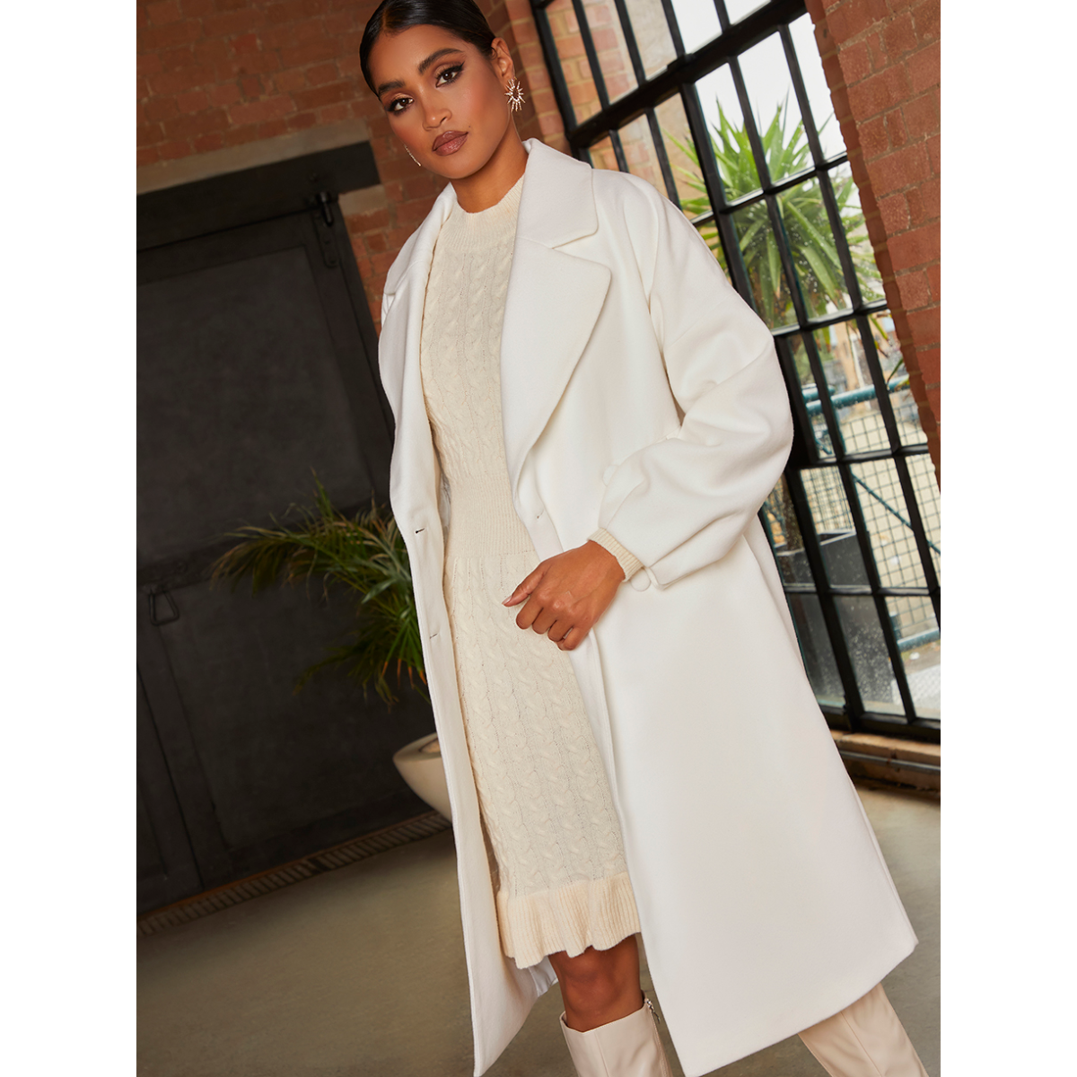 Double Breasted Balloon Sleeve Coat in Cream
