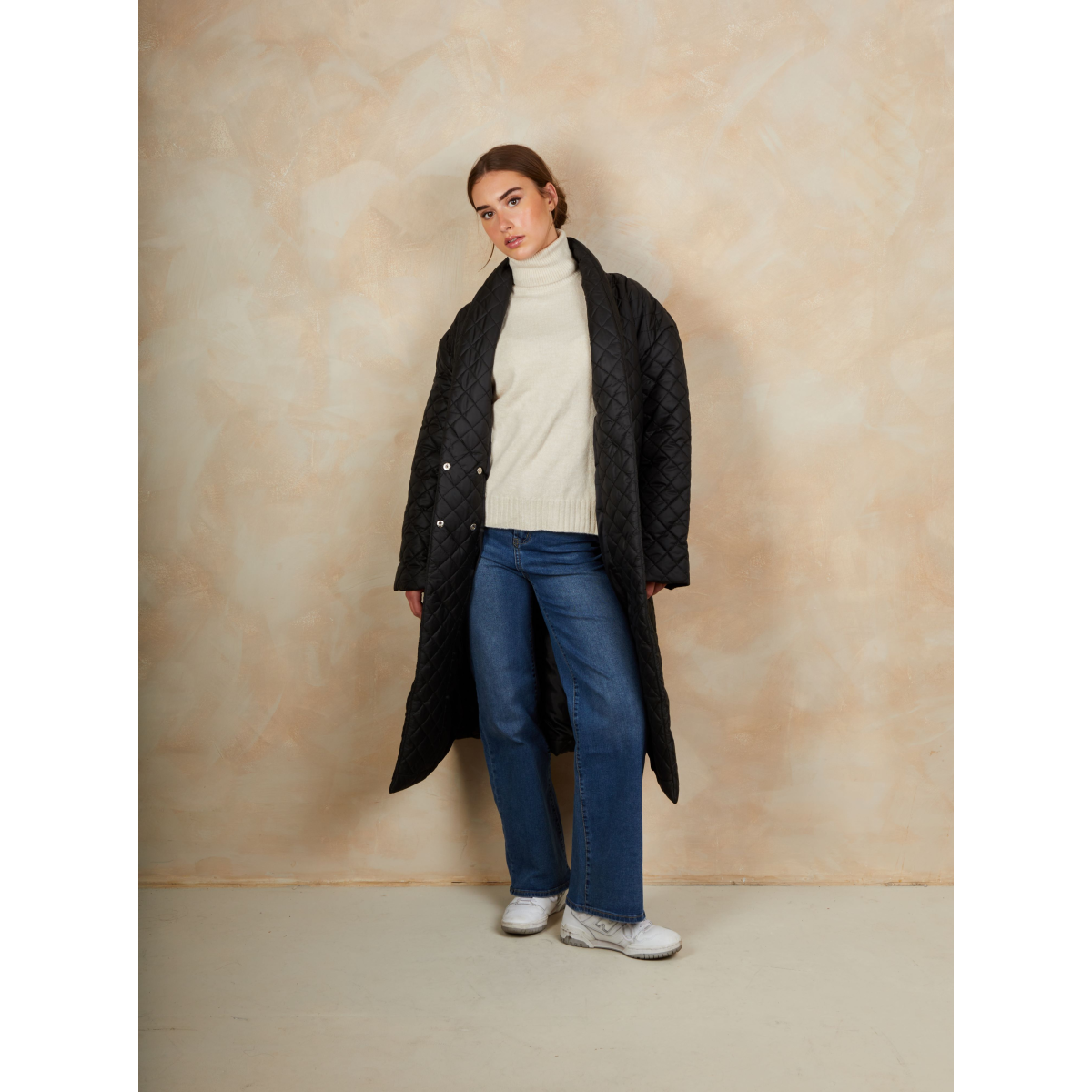Diamond Quilted Longline Belted Coat in Black