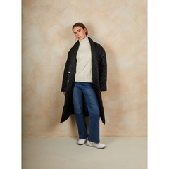 Diamond Quilted Longline Belted Coat in Black