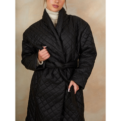 Diamond Quilted Longline Belted Coat in Black