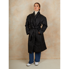Diamond Quilted Longline Belted Coat in Black