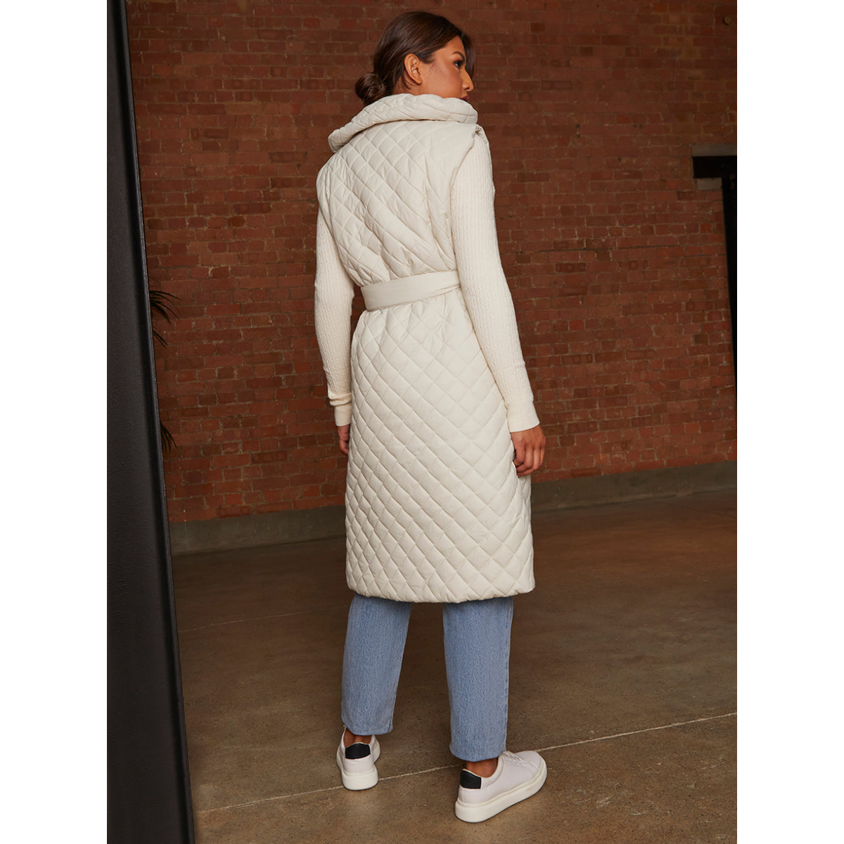 Diamond Quilted Longline Belted Gilet in Cream