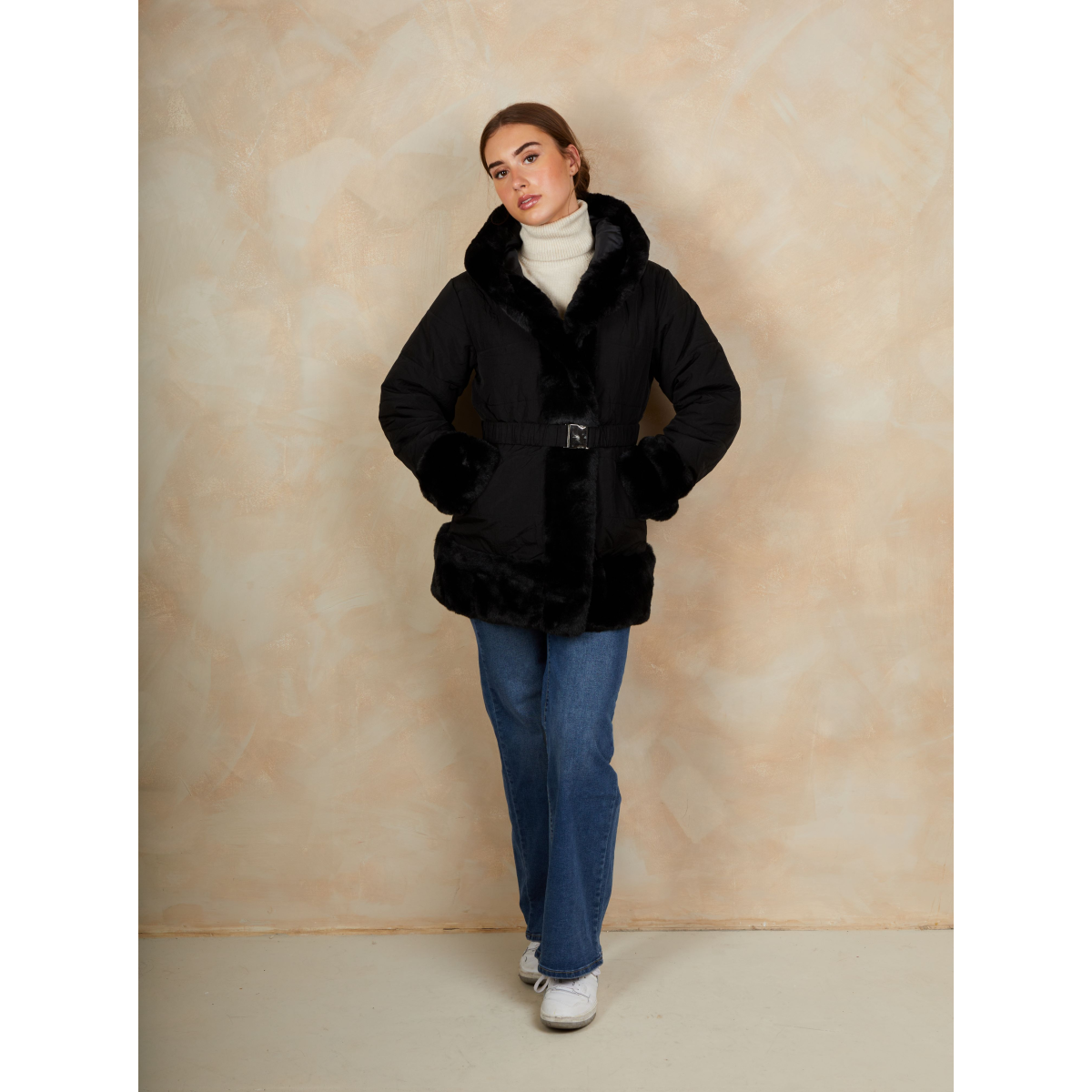 Faux Fur Belted Padded Coat in Black