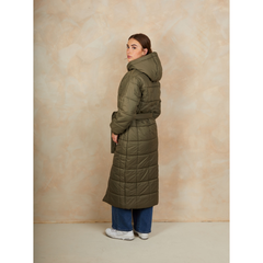 Check Padded Longline Belted Coat in Khaki