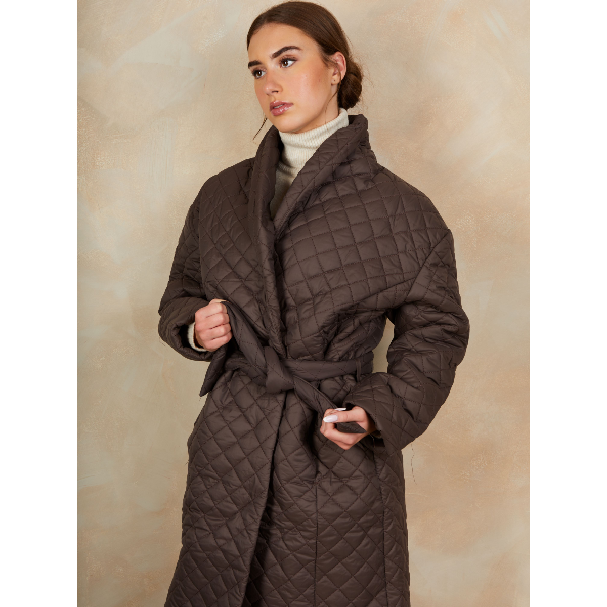 Diamond Quilted Longline Belted Coat in Chocolate