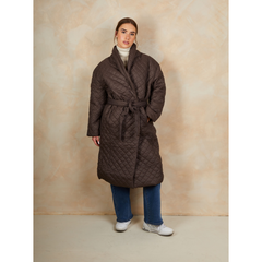 Diamond Quilted Longline Belted Coat in Chocolate