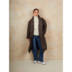 Diamond Quilted Longline Belted Coat in Chocolate