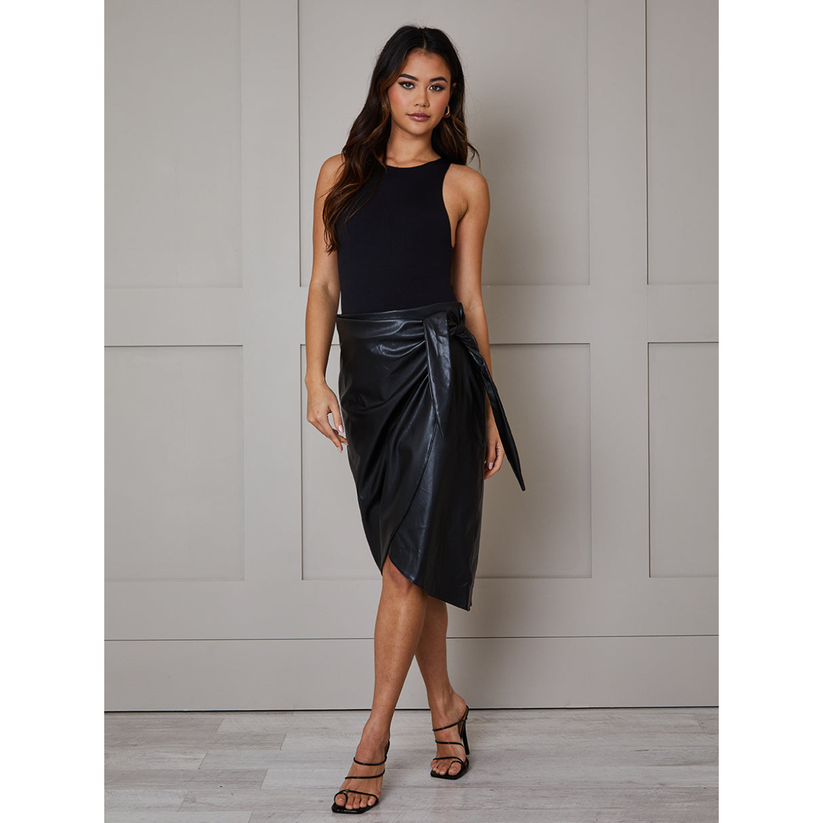 Faux Leather Wrap Midi Skirt in Black