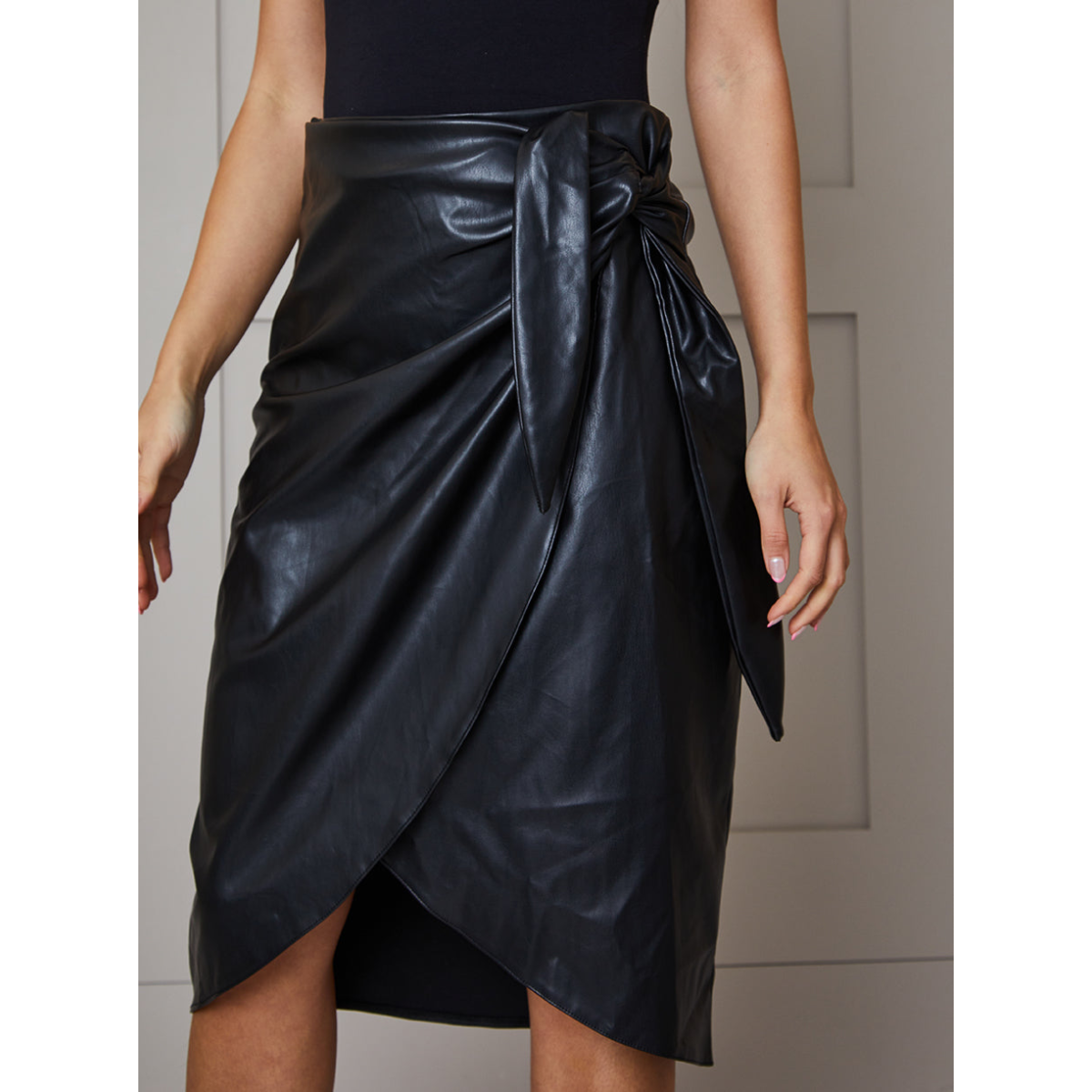 Faux Leather Wrap Midi Skirt in Black