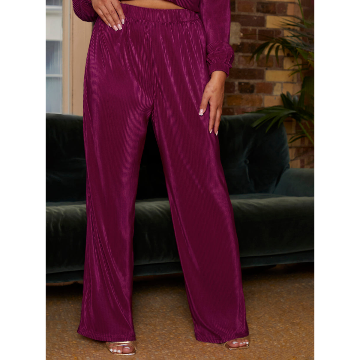 Elasticated Waist Wide Leg Plisse Trousers in Berry